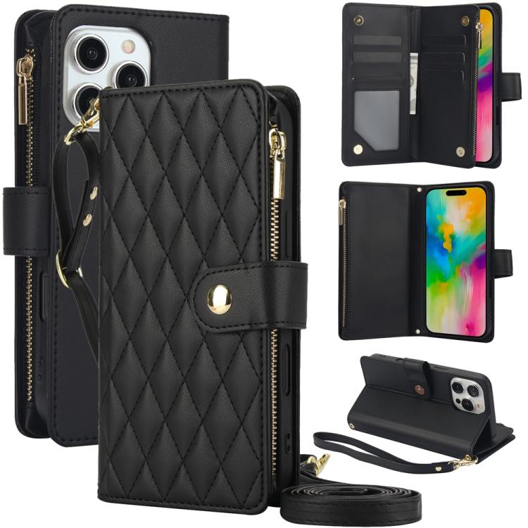 YM016 Rhombic Zipper Card Wallet Leather Phone Case with Lanyard