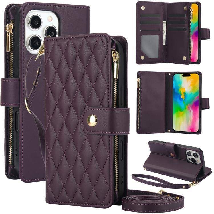 YM016 Rhombic Zipper Card Wallet Leather Phone Case with Lanyard