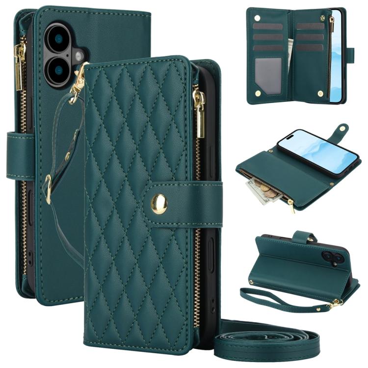 YM016 Rhombic Zipper Card Wallet Leather Phone Case with Lanyard