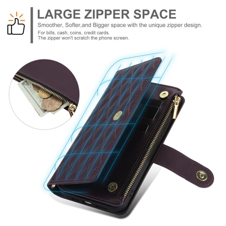 YM016 Rhombic Zipper Card Wallet Leather Phone Case with Lanyard
