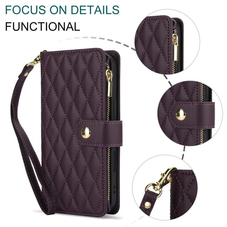 YM016 Rhombic Zipper Card Wallet Leather Phone Case with Lanyard