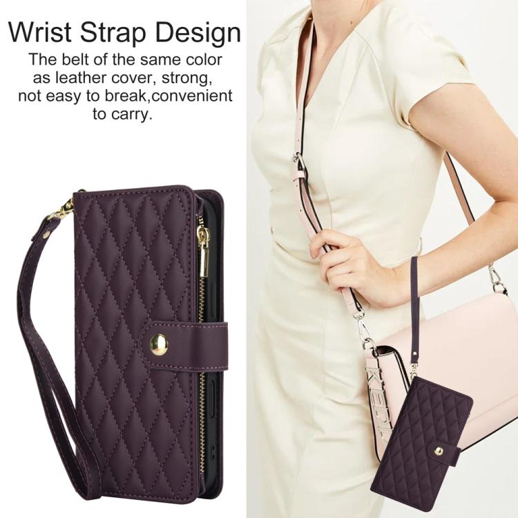 YM016 Rhombic Zipper Card Wallet Leather Phone Case with Lanyard