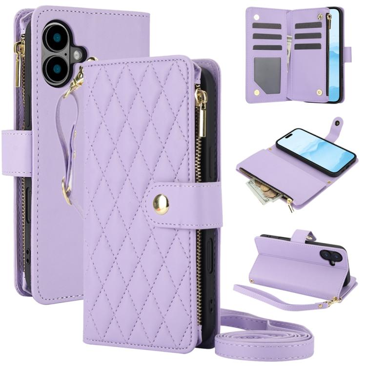 YM016 Rhombic Zipper Card Wallet Leather Phone Case with Lanyard