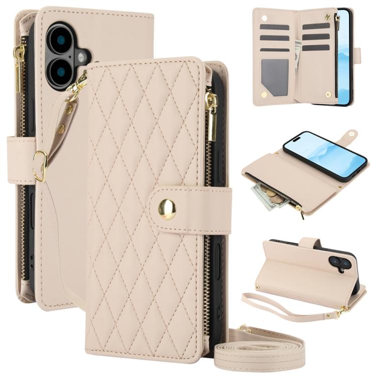 YM016 Rhombic Zipper Card Wallet Leather Phone Case with Lanyard