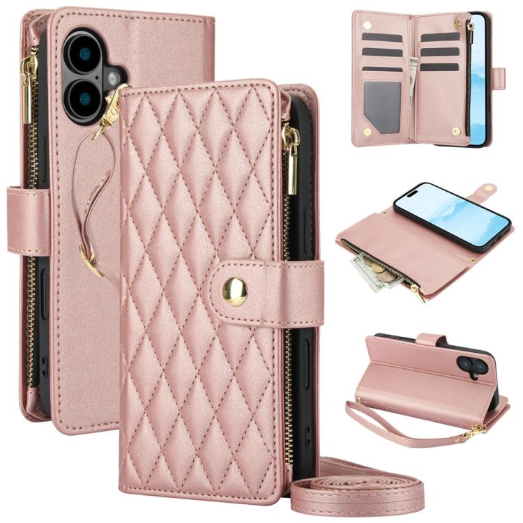 YM016 Rhombic Zipper Card Wallet Leather Phone Case with Lanyard