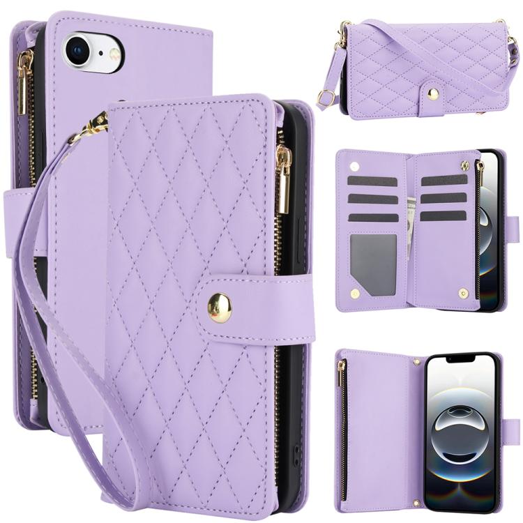 YM016 Rhombic Zipper Card Wallet Leather Phone Case with Lanyard