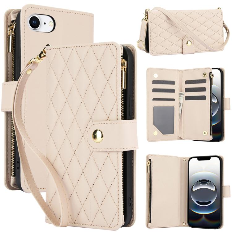 YM016 Rhombic Zipper Card Wallet Leather Phone Case with Lanyard