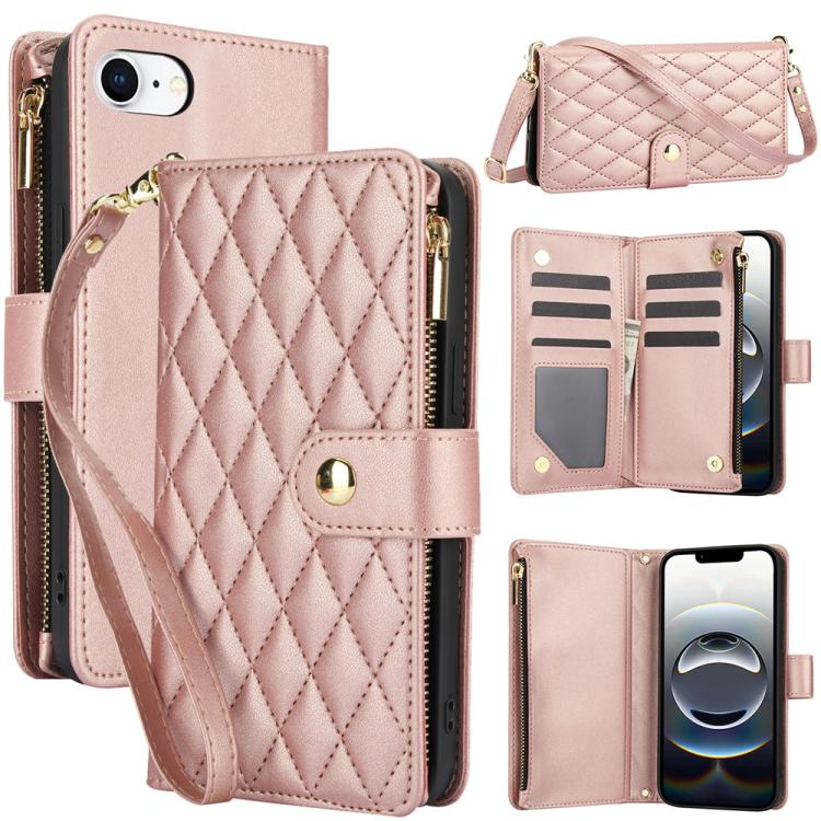 YM016 Rhombic Zipper Card Wallet Leather Phone Case with Lanyard