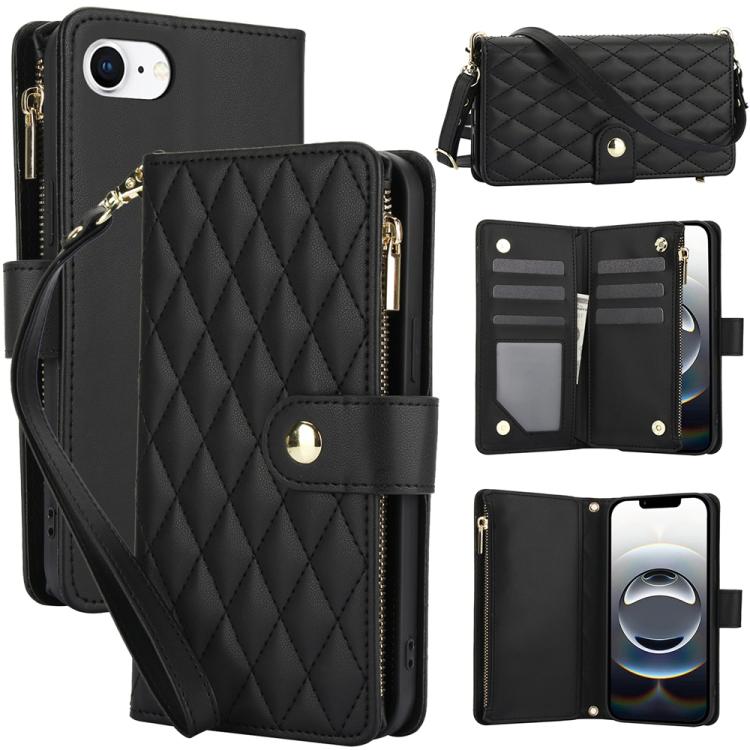 YM016 Rhombic Zipper Card Wallet Leather Phone Case with Lanyard