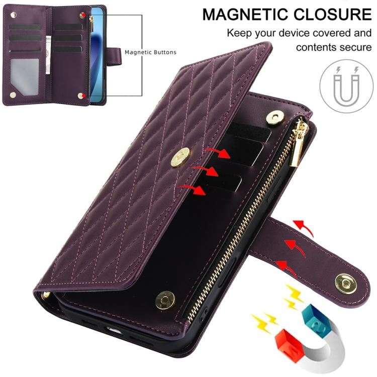 YM016 Rhombic Zipper Card Wallet Leather Phone Case with Lanyard