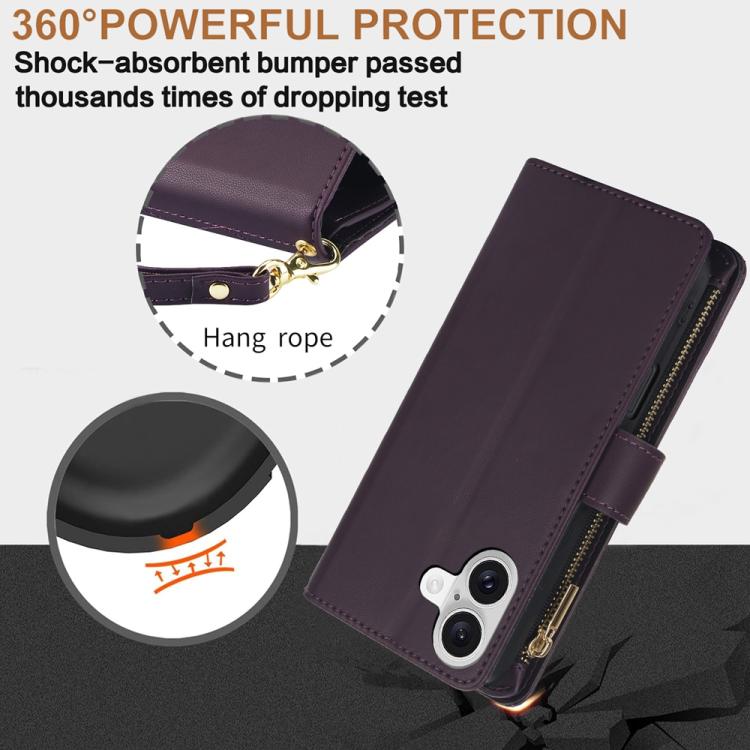 YM016 Rhombic Zipper Card Wallet Leather Phone Case with Lanyard