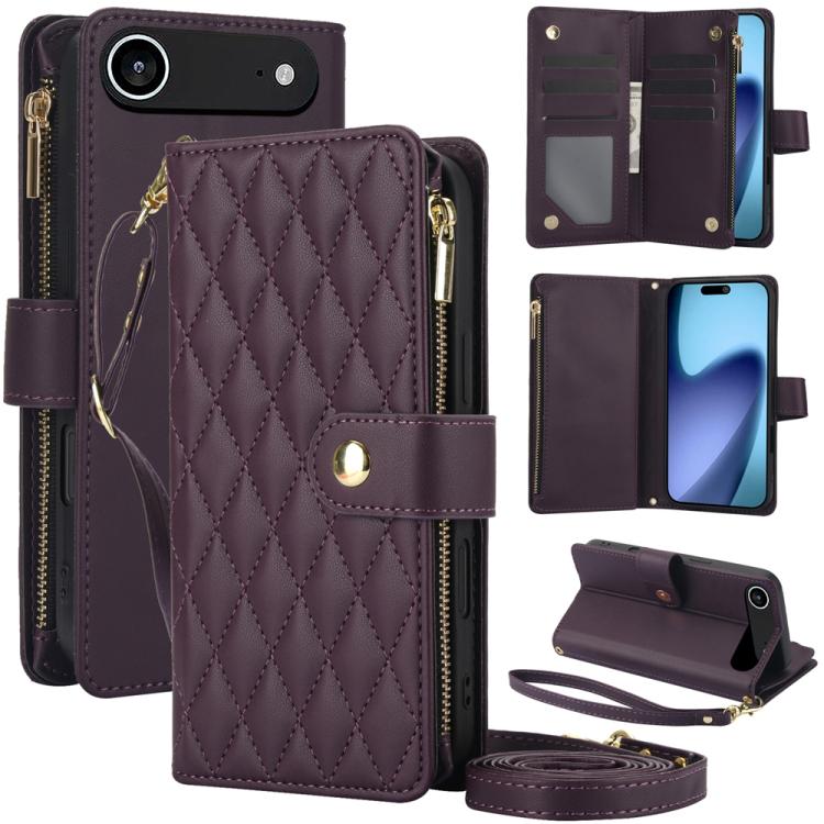 YM016 Rhombic Zipper Card Wallet Leather Phone Case with Lanyard