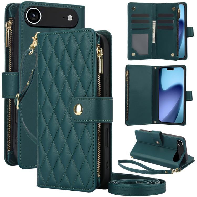 YM016 Rhombic Zipper Card Wallet Leather Phone Case with Lanyard