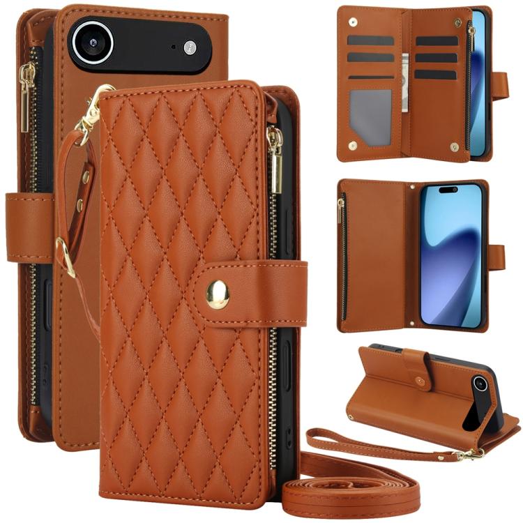 YM016 Rhombic Zipper Card Wallet Leather Phone Case with Lanyard