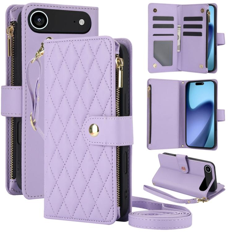 YM016 Rhombic Zipper Card Wallet Leather Phone Case with Lanyard