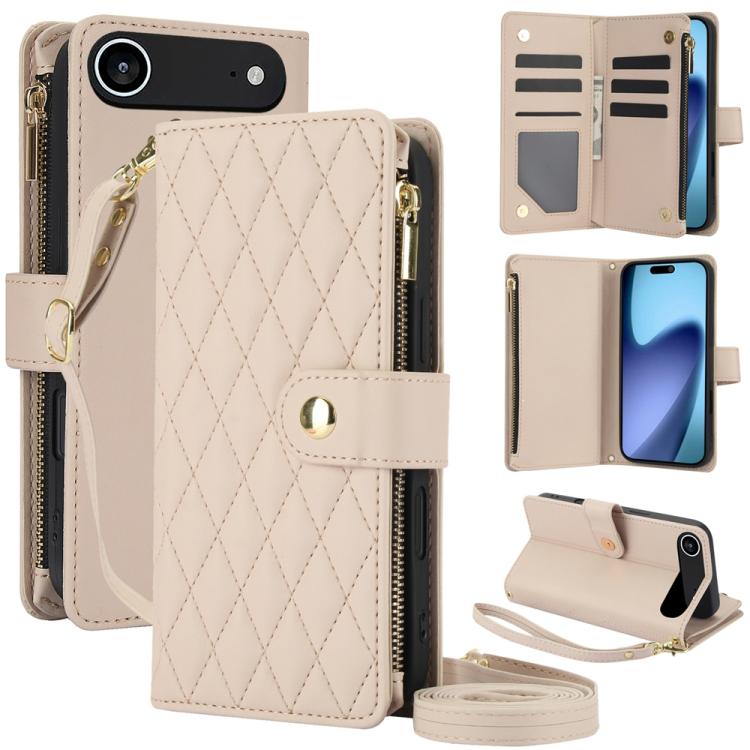 YM016 Rhombic Zipper Card Wallet Leather Phone Case with Lanyard