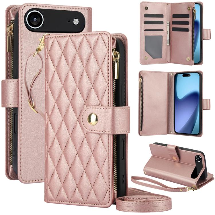 YM016 Rhombic Zipper Card Wallet Leather Phone Case with Lanyard