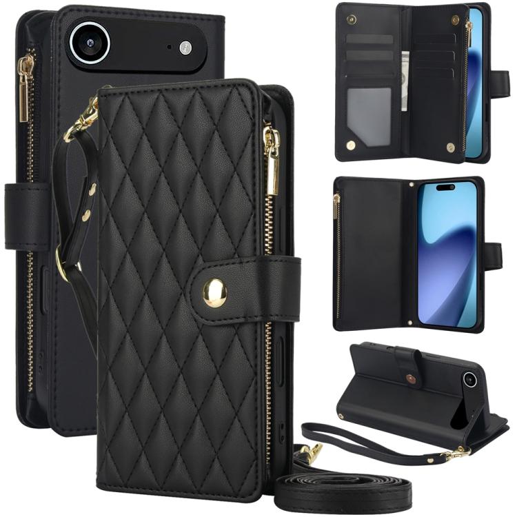 YM016 Rhombic Zipper Card Wallet Leather Phone Case with Lanyard