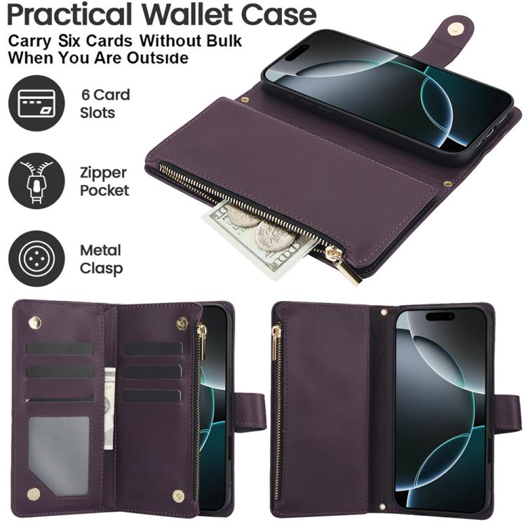 YM016 Rhombic Zipper Card Wallet Leather Phone Case with Lanyard