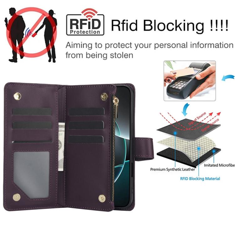 YM016 Rhombic Zipper Card Wallet Leather Phone Case with Lanyard