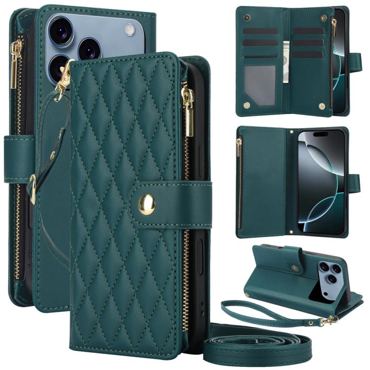 YM016 Rhombic Zipper Card Wallet Leather Phone Case with Lanyard