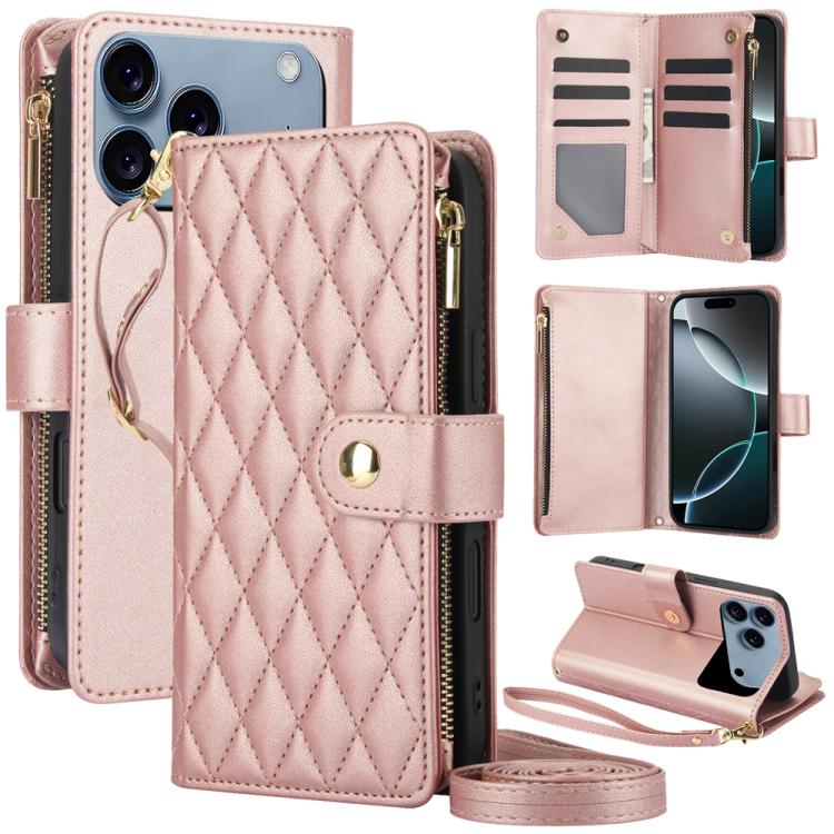 YM016 Rhombic Zipper Card Wallet Leather Phone Case with Lanyard