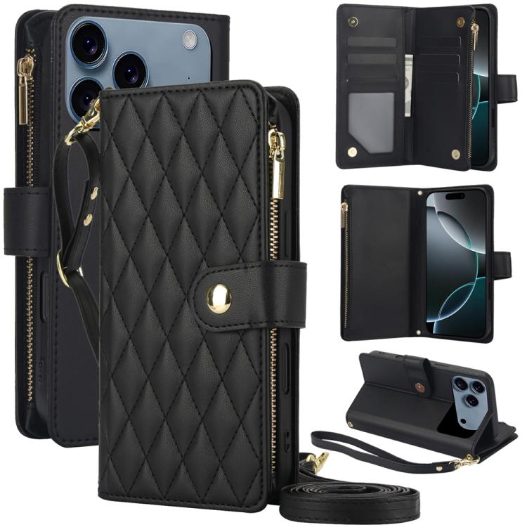 YM016 Rhombic Zipper Card Wallet Leather Phone Case with Lanyard