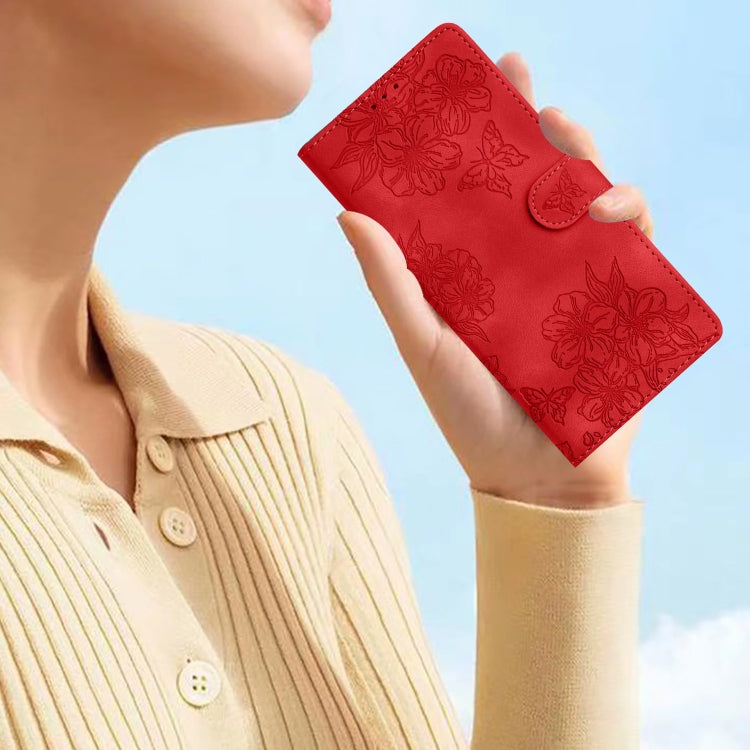 Cherry Blossom Butterfly Skin Feel Embossed PU Phone Case, For iPhone 13 Pro, For iPhone 13, For iPhone 13 mini