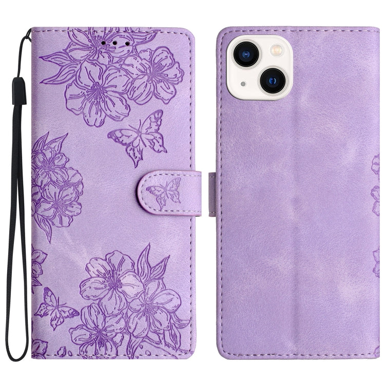 Cherry Blossom Butterfly Skin Feel Embossed PU Phone Case, For iPhone 13 Pro, For iPhone 13, For iPhone 13 mini