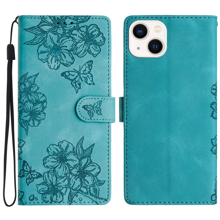 Cherry Blossom Butterfly Skin Feel Embossed PU Phone Case, For iPhone 13 Pro, For iPhone 13, For iPhone 13 mini