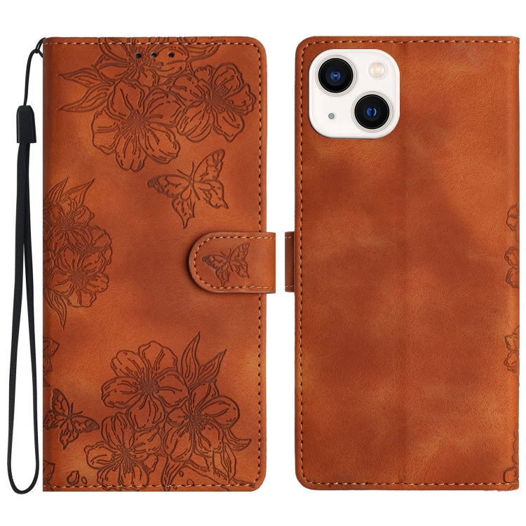 Cherry Blossom Butterfly Skin Feel Embossed PU Phone Case, For iPhone 13 Pro, For iPhone 13, For iPhone 13 mini