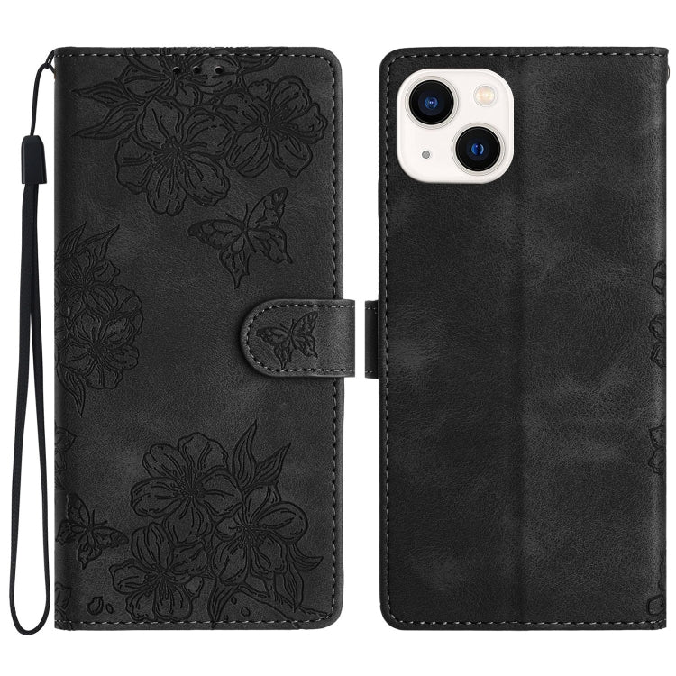 Cherry Blossom Butterfly Skin Feel Embossed PU Phone Case, For iPhone 13 Pro, For iPhone 13, For iPhone 13 mini