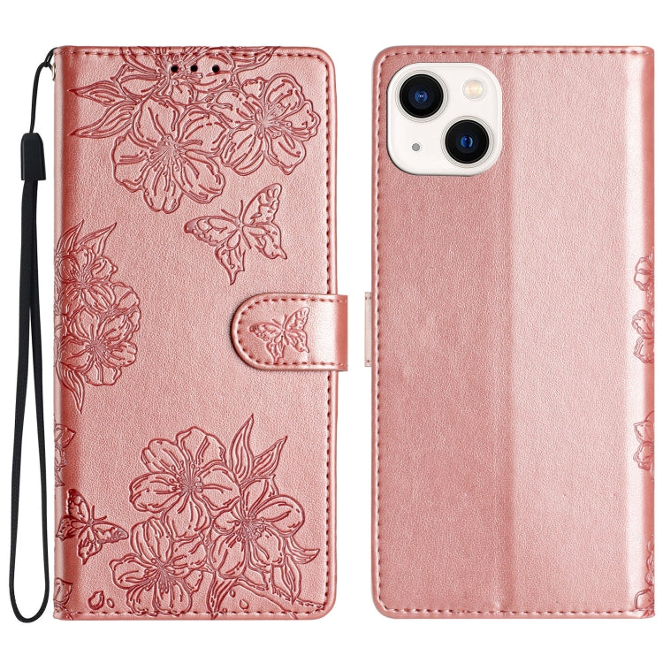 Cherry Blossom Butterfly Skin Feel Embossed PU Phone Case, For iPhone 13 Pro, For iPhone 13, For iPhone 13 mini