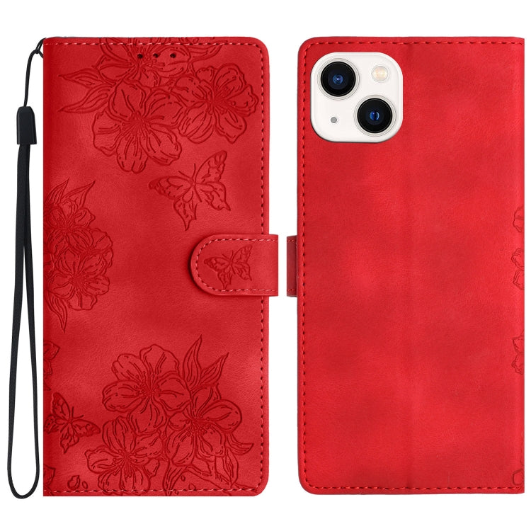 Cherry Blossom Butterfly Skin Feel Embossed PU Phone Case, For iPhone 13 Pro, For iPhone 13, For iPhone 13 mini