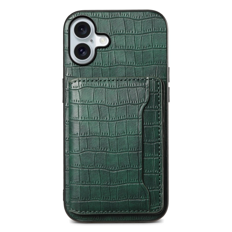 Crocodile Texture Card Bag Design Full Coverage Phone Case, For iPhone 16 Pro Max, For iPhone 16 Pro, For iPhone 16 Plus, For iPhone 16