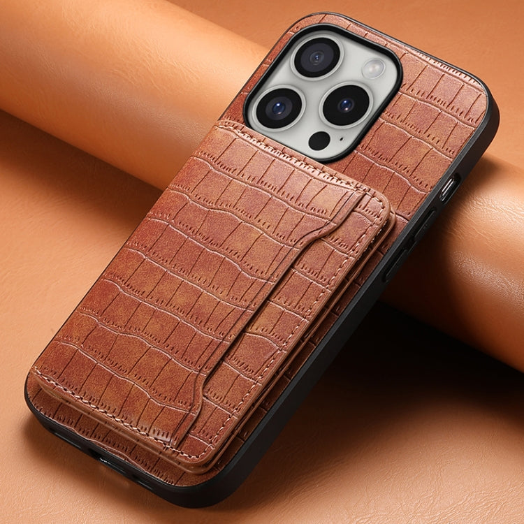 Crocodile Texture Card Bag Design Full Coverage Phone Case, For iPhone 16 Pro Max, For iPhone 16 Pro, For iPhone 16 Plus, For iPhone 16