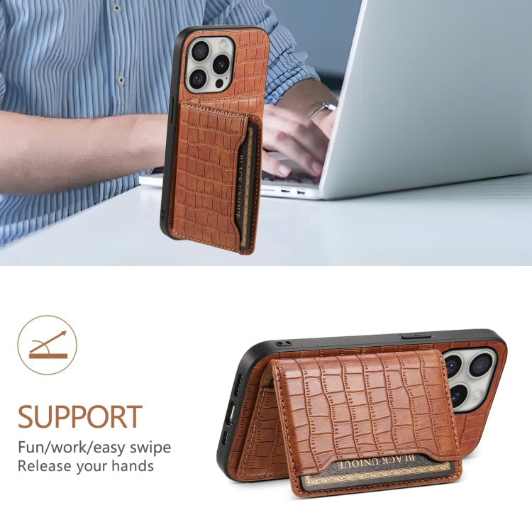Crocodile Texture Card Bag Design Full Coverage Phone Case, For iPhone 16 Pro Max, For iPhone 16 Pro, For iPhone 16 Plus, For iPhone 16