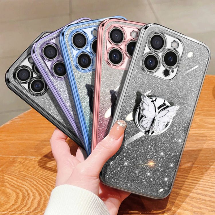 Plated Gradient Glitter Butterfly Holder TPU Phone Case, For iPhone 16 Pro Max, For iPhone 16 Pro, For iPhone 16 Plus, For iPhone 16