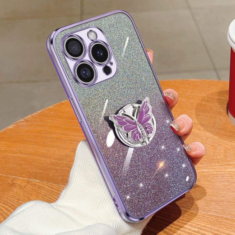 Plated Gradient Glitter Butterfly Holder TPU Phone Case, For iPhone 16 Pro Max, For iPhone 16 Pro, For iPhone 16 Plus, For iPhone 16