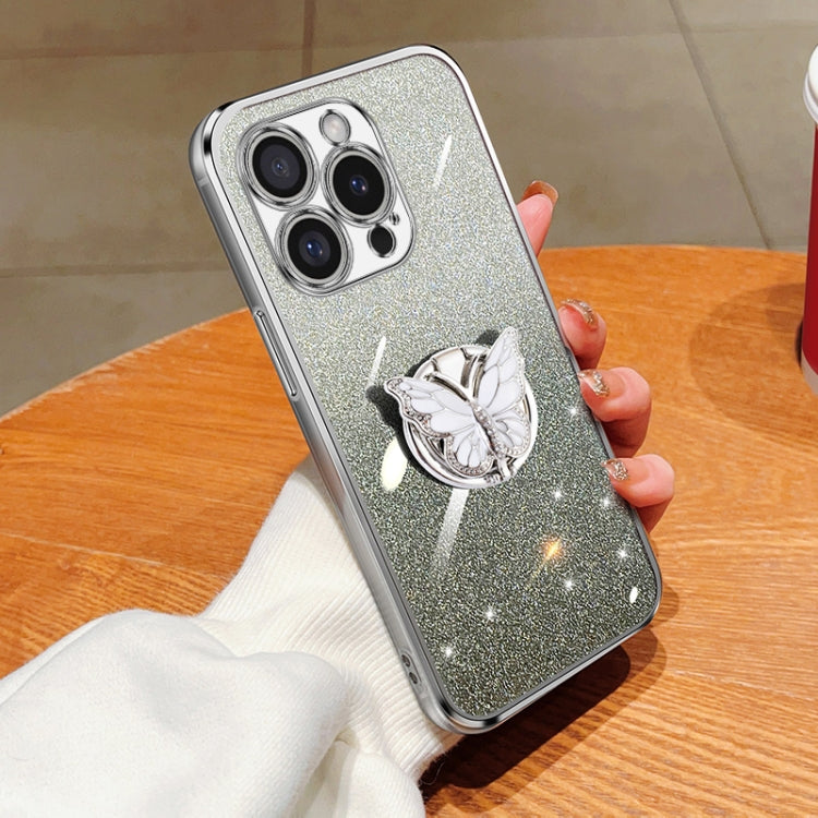 Plated Gradient Glitter Butterfly Holder TPU Phone Case, For iPhone 16 Pro Max, For iPhone 16 Pro, For iPhone 16 Plus, For iPhone 16
