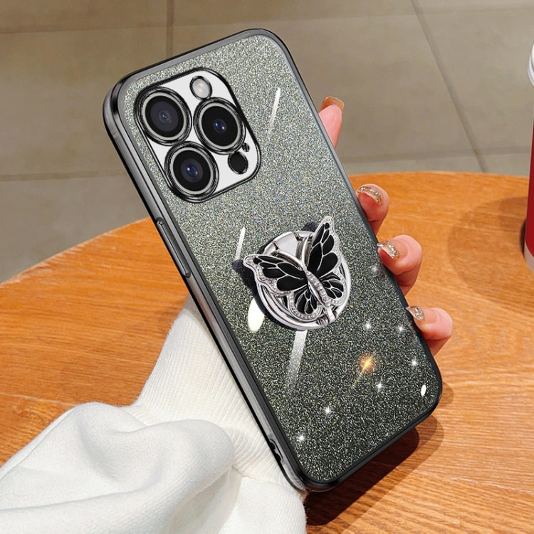 Plated Gradient Glitter Butterfly Holder TPU Phone Case, For iPhone 16 Pro Max, For iPhone 16 Pro, For iPhone 16 Plus, For iPhone 16