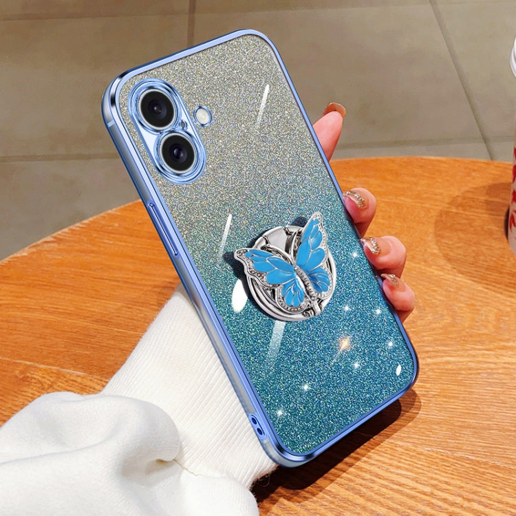 Plated Gradient Glitter Butterfly Holder TPU Phone Case, For iPhone 16 Pro Max, For iPhone 16 Pro, For iPhone 16 Plus, For iPhone 16
