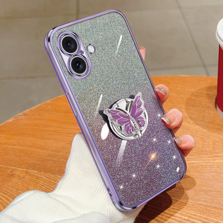 Plated Gradient Glitter Butterfly Holder TPU Phone Case, For iPhone 16 Pro Max, For iPhone 16 Pro, For iPhone 16 Plus, For iPhone 16