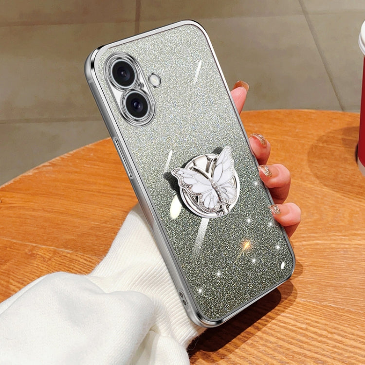 Plated Gradient Glitter Butterfly Holder TPU Phone Case, For iPhone 16 Pro Max, For iPhone 16 Pro, For iPhone 16 Plus, For iPhone 16