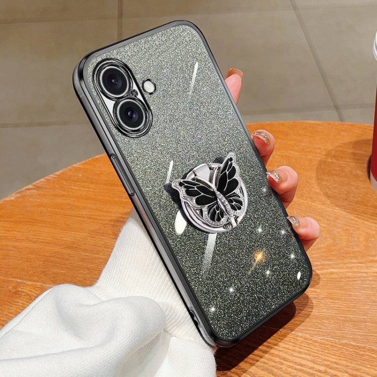 Plated Gradient Glitter Butterfly Holder TPU Phone Case, For iPhone 16 Pro Max, For iPhone 16 Pro, For iPhone 16 Plus, For iPhone 16