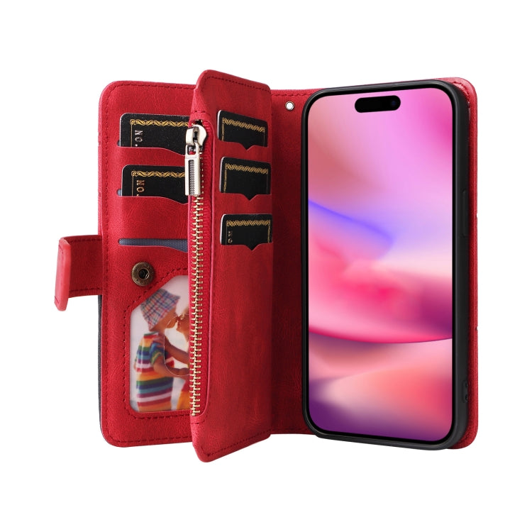 Dual-color 9 Card Slots Zipper Wallet Leather Phone Case, For iPhone 16