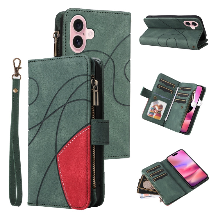 Dual-color 9 Card Slots Zipper Wallet Leather Phone Case, For iPhone 16
