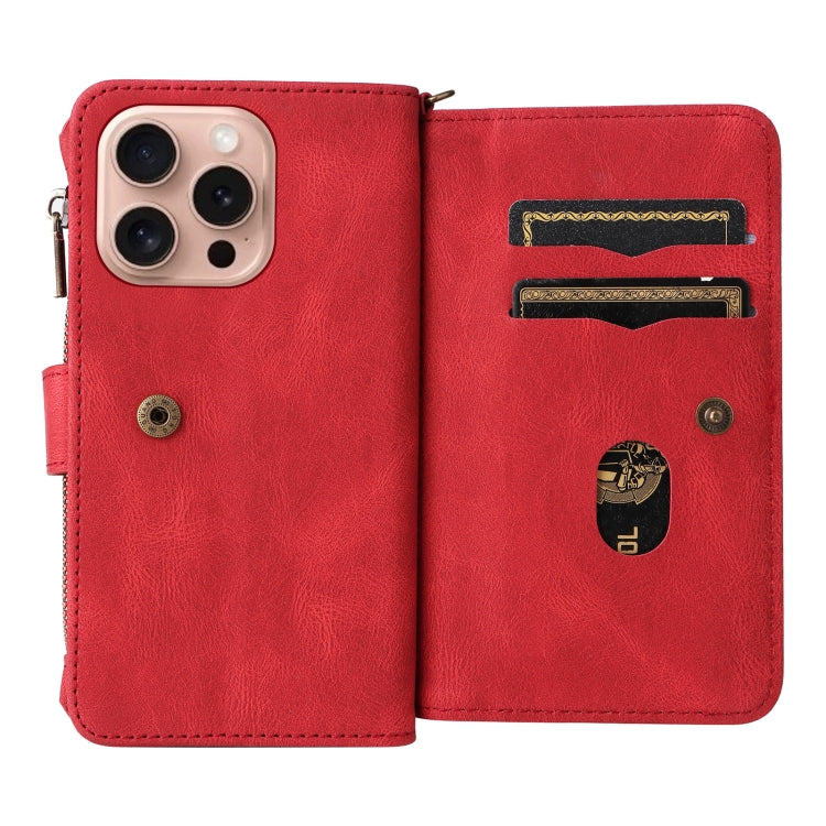 Skin Feel Multi Card Slots Zipper Wallet Leather Phone Case, For iPhone 16 Pro, For iPhone 16 Plus, For iPhone 16