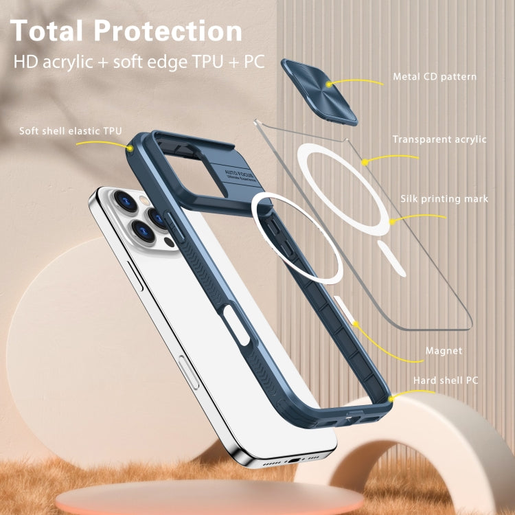 Clear Acrylic + PC + TPU MagSafe Lens Sliding Cover Full Coverage Phone Case, For iPhone 16 Pro Max, For iPhone 16 Pro, For iPhone 16 Plus