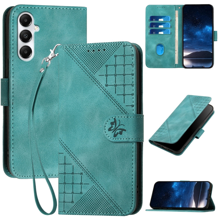 YX0080 Grid Butterfly Embossed Pattern Flip Leather Phone Case with Lanyard